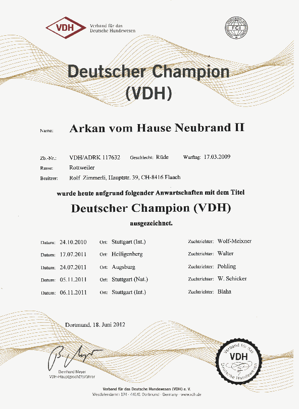 Deutscher Champion VDH - Arkan vom Hause Neubrand II